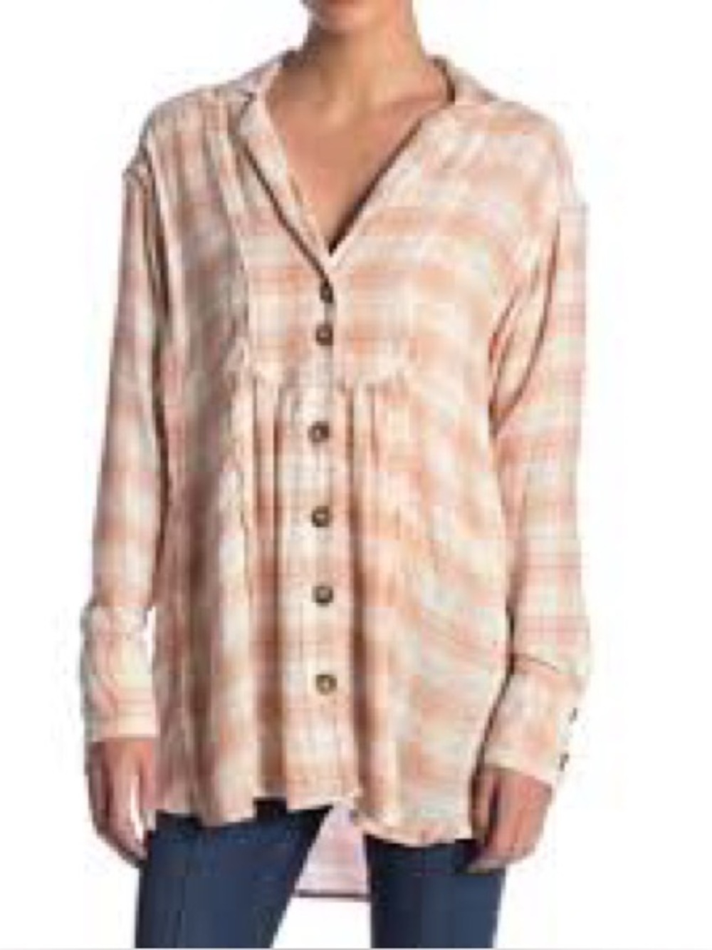 Free People Plaid Button Front Tunic Top Pink Cream Wool Blend Size Medium